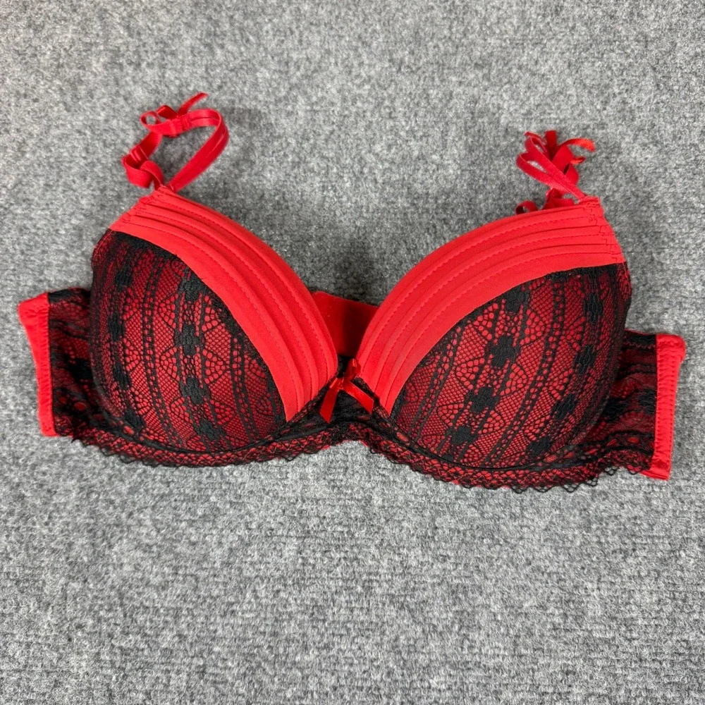 Jezebel Red Black Lace Push Up Bra Bow Straps Underwire 36C 85030
